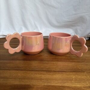 Lot of 2 Thyme & Table Pink Iridescent Flower Handle Ceramic Coffee Mugs